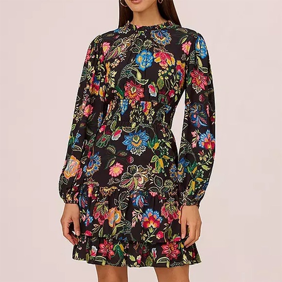 Adrianna Papell Dresses & Skirts - Adrianna Papell Floral Smocked Waist Tiered Ruffle Mini Dress Sz 14 Colorful